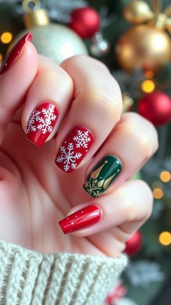 Elegant Christmas nail art featuring red and green colors with snowflakes and gold accents.